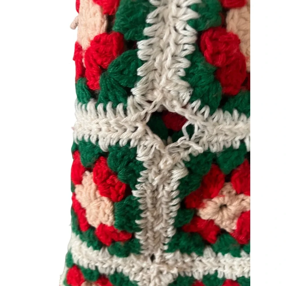 Vintage Handmade Granny Square Crochet Blanket Throw Red Green Fringe 60x45